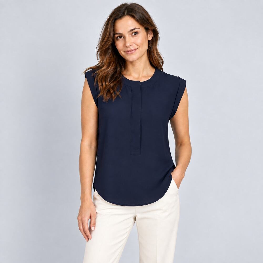 J.Crew Blouse WMNS 00 Navy Drapey Cap Sleeve Pleated Neckline Business Casual